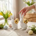 Figurines lapin en céramique avec œufs dorés – Lot de 2, H13 cm, blanc et or | Floristik24.fr
