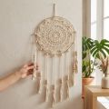 Attrape-rêves macramé décoratif boho chic en coton crème Ø22cm H54cm | Floristik24.fr