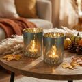 Lot de 2 photophores en verre bleu avec motif d'herbes décoratif - 12,5 cm | Floristik24.fr