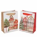 Floristik24 Lot de 2 sacs cadeaux de Noël 12 x 6 x 16 cm, maisons et sapin, anses en ruban colorées