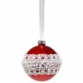 Floristik24 Boule en verre rouge avec dentelle et perles 3pcs