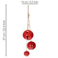 Clochettes en métal rouges 3 pièces avec corde en jute 14/12/8 cm | Floristik24.fr