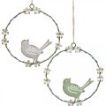 Couronne avec oiseau, décoration en métal à suspendre, printemps blanc/vert Ø14,5cm lot de 2