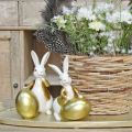 Floristik24 Lapin de Pâques blanc-doré, décoration de Pâques, lapin déco avec oeuf H16/18cm lot de 2