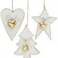 Floristik24 Pendentif Noël coeur / sapin / étoile, décoration bois, décoration arbre avec cloches blanc, doré H14.5 / 14 / 15.5cm 3pcs