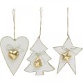 Floristik24 Pendentif Noël coeur / sapin / étoile, décoration bois, décoration arbre avec cloches blanc, doré H14.5 / 14 / 15.5cm 3pcs