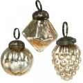Floristik24 Mini boules d&#39;arbre, diamant / boule / cône, suspensions d&#39;arbres mélange aspect antique Ø3–3,5cm H4,5–5,5cm 9pcs