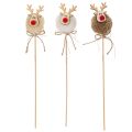 Lot de 12 piques décoratives renne en bois, tissu et pompon, 24 cm, marron, beige et blanc | Floristik24.fr