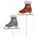 Floristik24 Déco plug patins à glace, décoration de Noël, plug en bois gris, rouge L32cm 8pcs