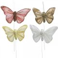Papillons avec mica, décoration de mariage, bouchons décoratifs, plume papillon jaune, beige, rose, blanc 9.5×12.5cm 12pcs