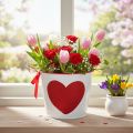 Cache-pot blanc en métal avec cœur rouge pailleté Ø13cm H10,5cm | Floristik24.fr